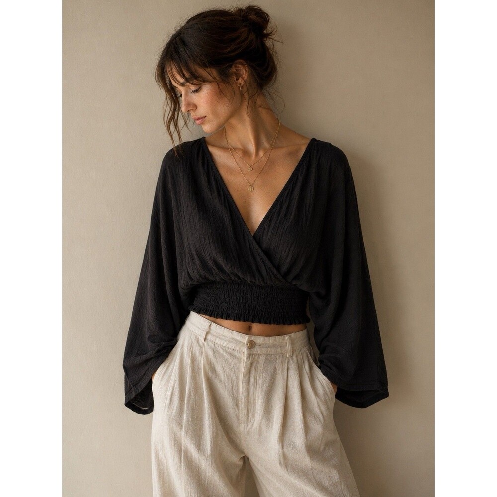 Black Crinkle Gauze Crop Top Smocked Waist Dolman Sleeve Boho